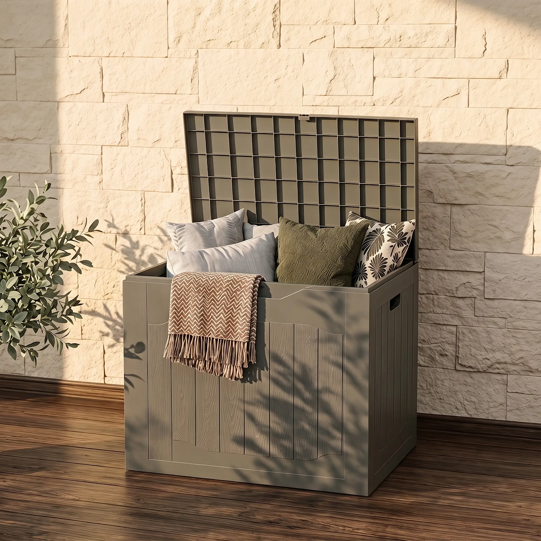 Max4out 35-Gal Weatherproof Resin Deck Storage Chest, Lockable Lid, Side Handles, Heavy-Duty Outdoor Organizer Bin for Backyard, Pool