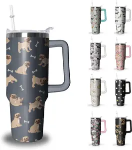 40oz Printed Pug Stainless Steel Double Wall Insulated Reusable Water Bottle Mug - Kitchenware Drinkware with Handle, Lid, Straw, Insulation for Beverages, Portable Travel Cup for Animal Lovers, Ideal Birthday Gift