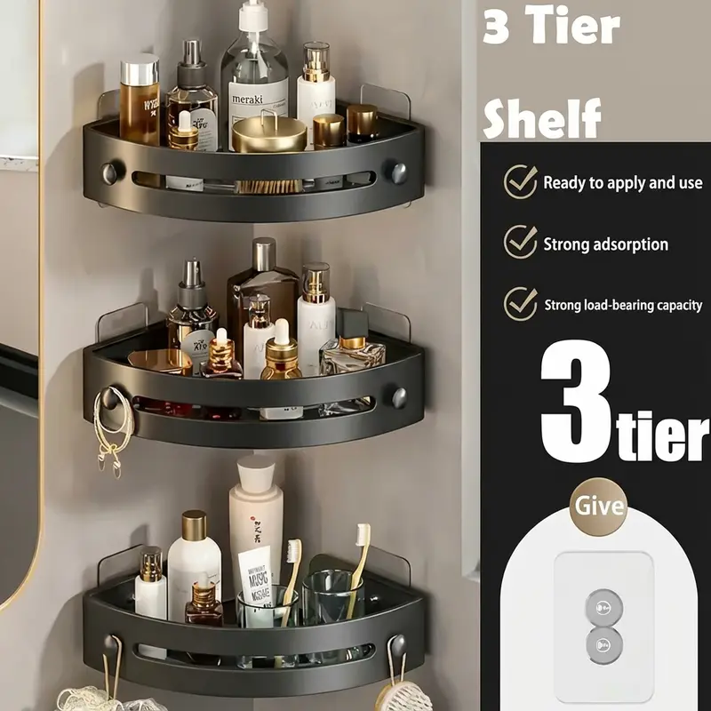 3-Pack Gun Gray ABS Triangle Suction Cup Shower Caddy 3-Tier Corner Shelves No-Drill Wall Mount 50lbs Load Capacity Bathroom Organizer with 6 Towel Bar Hooks