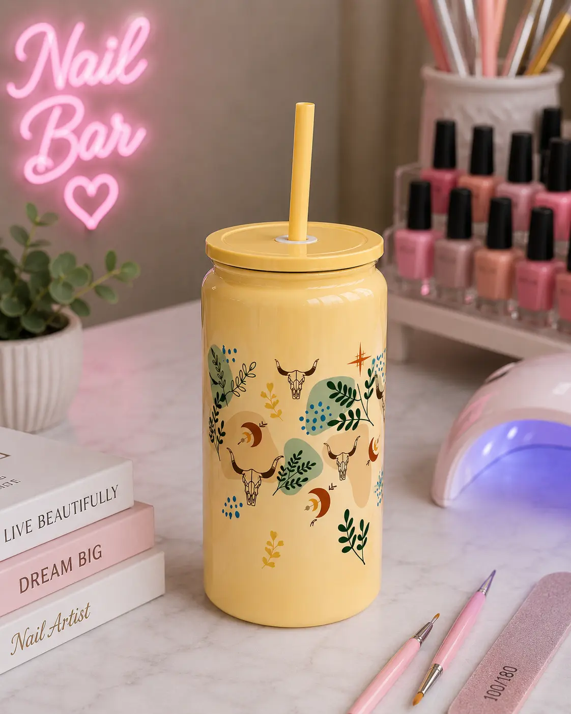 🤠 Boho Longhorn Glass Cup – 16oz Western Aesthetic Iced