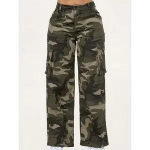 Camo Flap Pockets Straight Jeans, Loose Fit Y2K & Kpop Style Cargo Pants, Women's Denim Jeans & Clothing