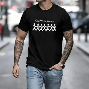 Men’s “One Week Journey” graphic T-shirt featuring a minimalist stick figure print, made from a soft cotton blend—perfect for travelers, adventure enthusiasts, and casual everyday outfits inspired by journeys. tiktokshopspringglowup