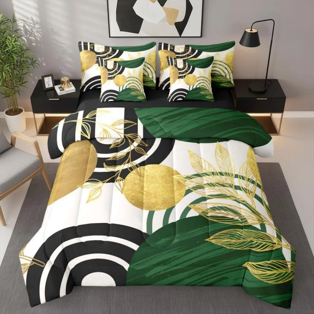 Modern Mid Century Comforter Set 7 Piece Boho Green Bedding Set Women Adult Abstract Gold Leaves Bed in A Bag Bohemian Minimalist Contemporary Sheet Sets