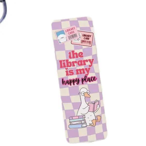 The Library is My Happy Place Pink Bookmark with Adorable Duck Design and Checkered Pattern for Book Lovers