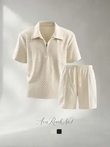 A1 Men's 2 Piece Summer Outfits Menswear Textured Geometric Knit Quarter Zip Polo Shirt and Drawstring Shorts Set Casual Matching Resort Wear Beach Vacation Lounge Suits Old Money Style