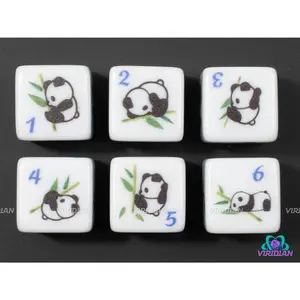 Panda D6s (Set of 6) | White with Cute Panda Designs | Acrylic D6 Dice Set (6)