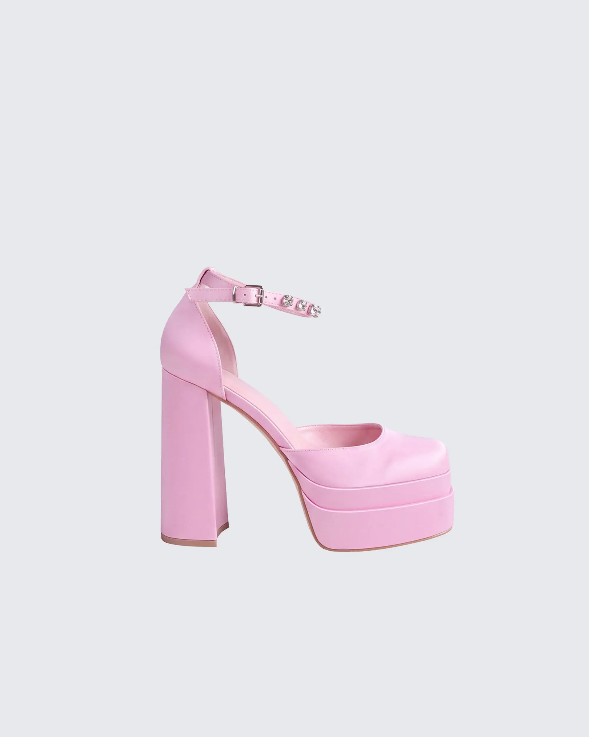 Women's Pink Platform High Heels, Closed Toe Synthetic Pumps with a Double-Stacked Platform Sole and Rhinestone Buckle Ankle Strap, Footwear, Fashion Apparel, Polyurethane, Rhinestones, Girl, Elegant