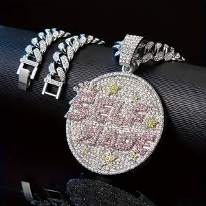 Ice Crystal Street Style Full Diamond Round "SELF MADE" Letter Pendant leavitt necklace , Shining Decoration, Unisex Street Fashion Jewelry, Casual Wear or Gift, Perfect for Daily Wear and Hip-hop Fashion, fancy jewery chains