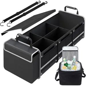 Suitable for Car Trunk Storage Box, 115L Heavy Duty Foldable Trunk Storage Box, with Insulated Leak-Proof Cooler Bag, Vehicle Cargo Storage Box with Lid, 3 Compartments, Suitable for Cars, SUVs, Jeeps, Sedans - Black