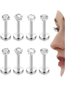 8 Pcs Silvery Classic Titanium Labret Studs Lip Rings Helix Tragus Earring Set for Women Men Sweet Heart Round CZ Nose Rings Stud Hypoallergenic Cartilage Earring Monroe Piercing Jewelry Set