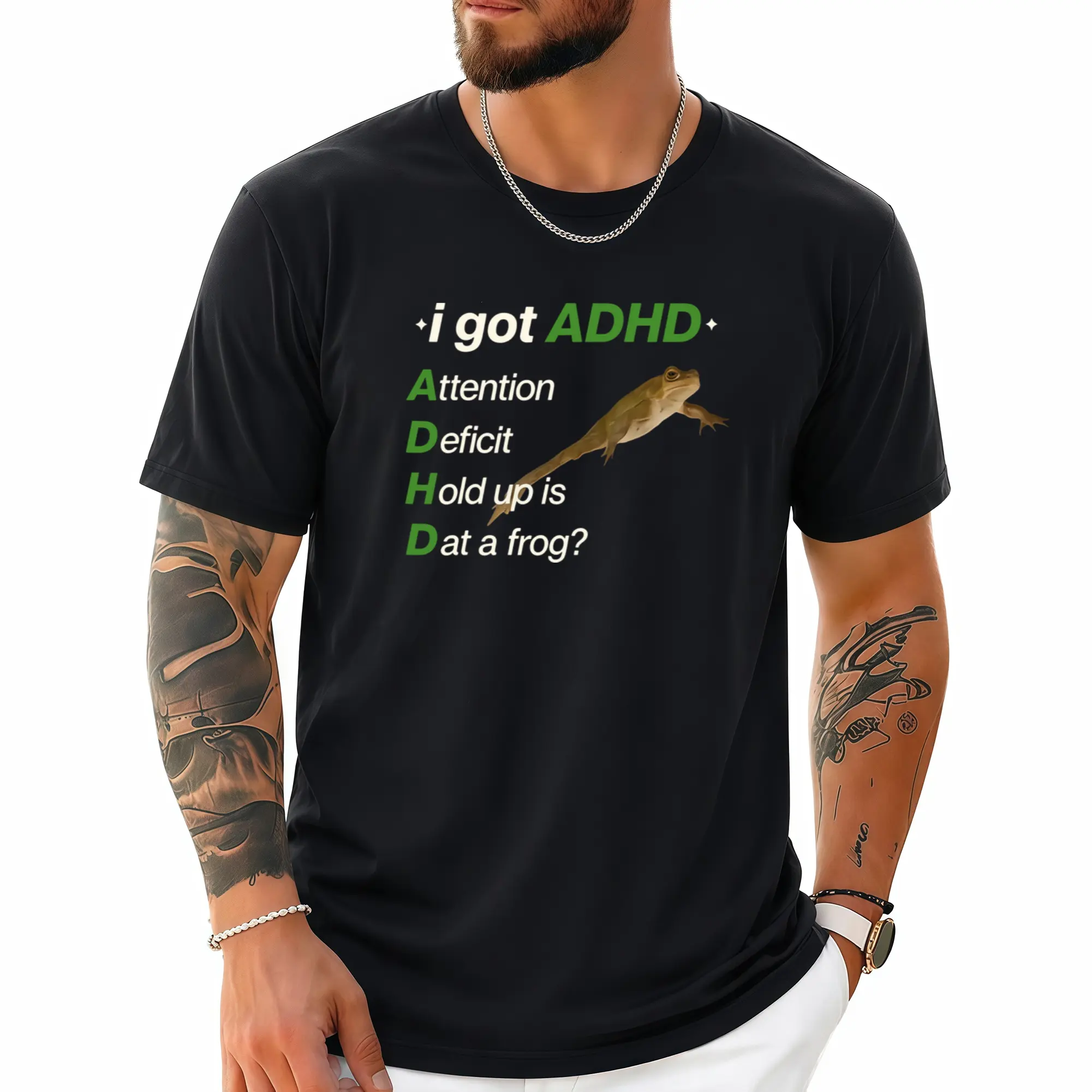 Men's 100% Cotton ADHD Meme T-Shirt, Comfy Casual Classic Basic Fashion Top with "I Got ADHD Attention Deficit Hold Up is Dat a Frog" Print