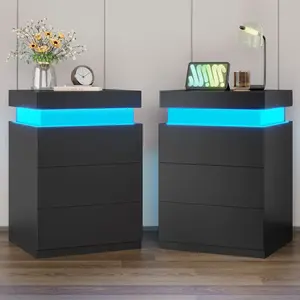 2PCS Black LED Nightstands with Charging Station, 15.8x17.7x26.8" Tabletop Design, Pedestal Base & Sliding Drawers, Space-Saving Bedroom Indoor Furniture