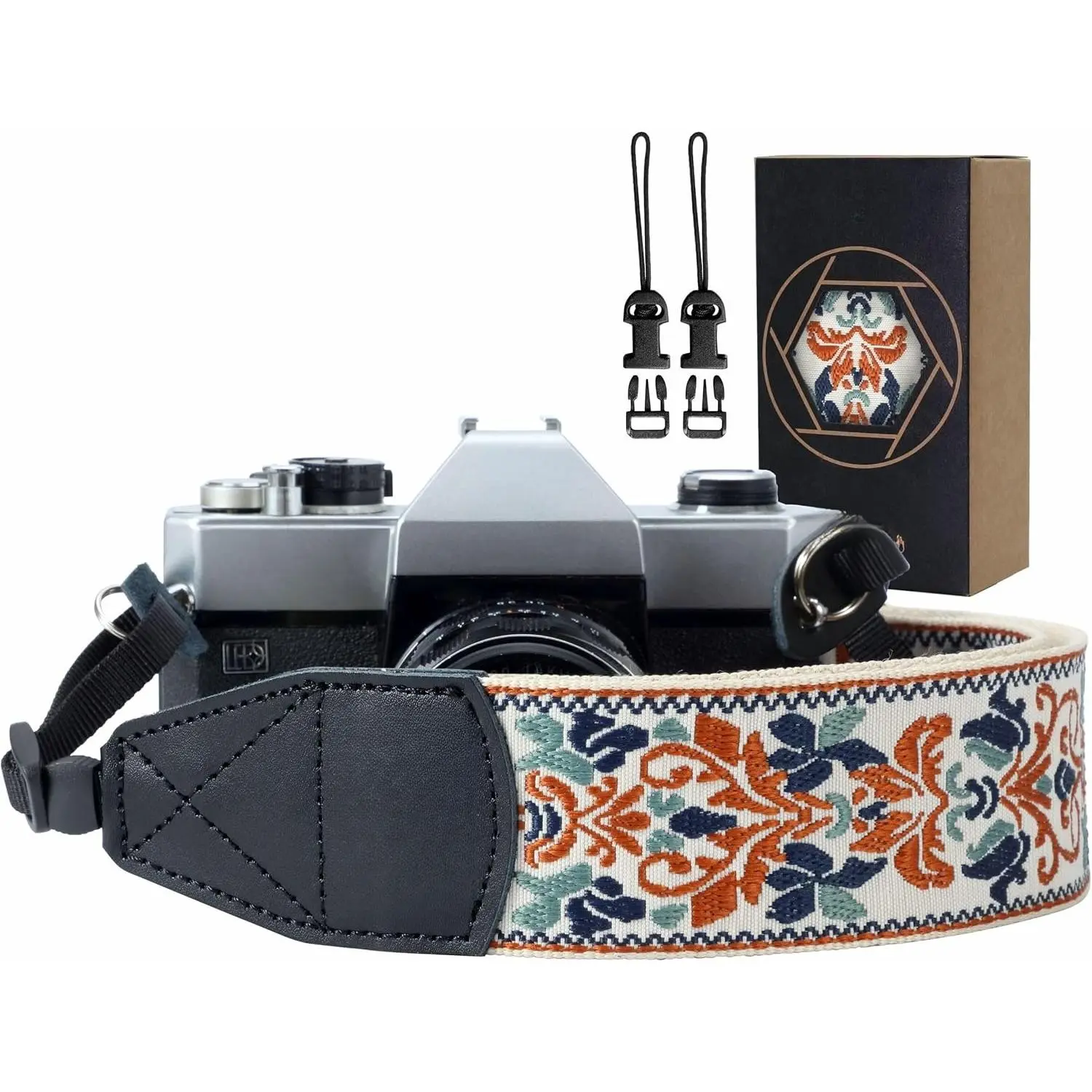 L-WCP011 2 Inches Wide Breathable Chic Floral Retro Jacquard Embroidery Camera Strap, Adjustable DSLR/SLR Neck/Shoulder Strap with Genuine Leather Head for Weddings, Graduation, Birthdays (White Classic Flower) for Teens, Photographers, Bohemian