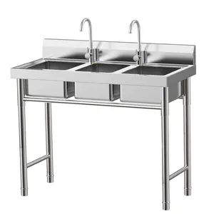 304 Stainless Steel Triple Sink with 2 Faucets, 11x9x7in, for Kitchen, Laundry, Garage, Restaurant