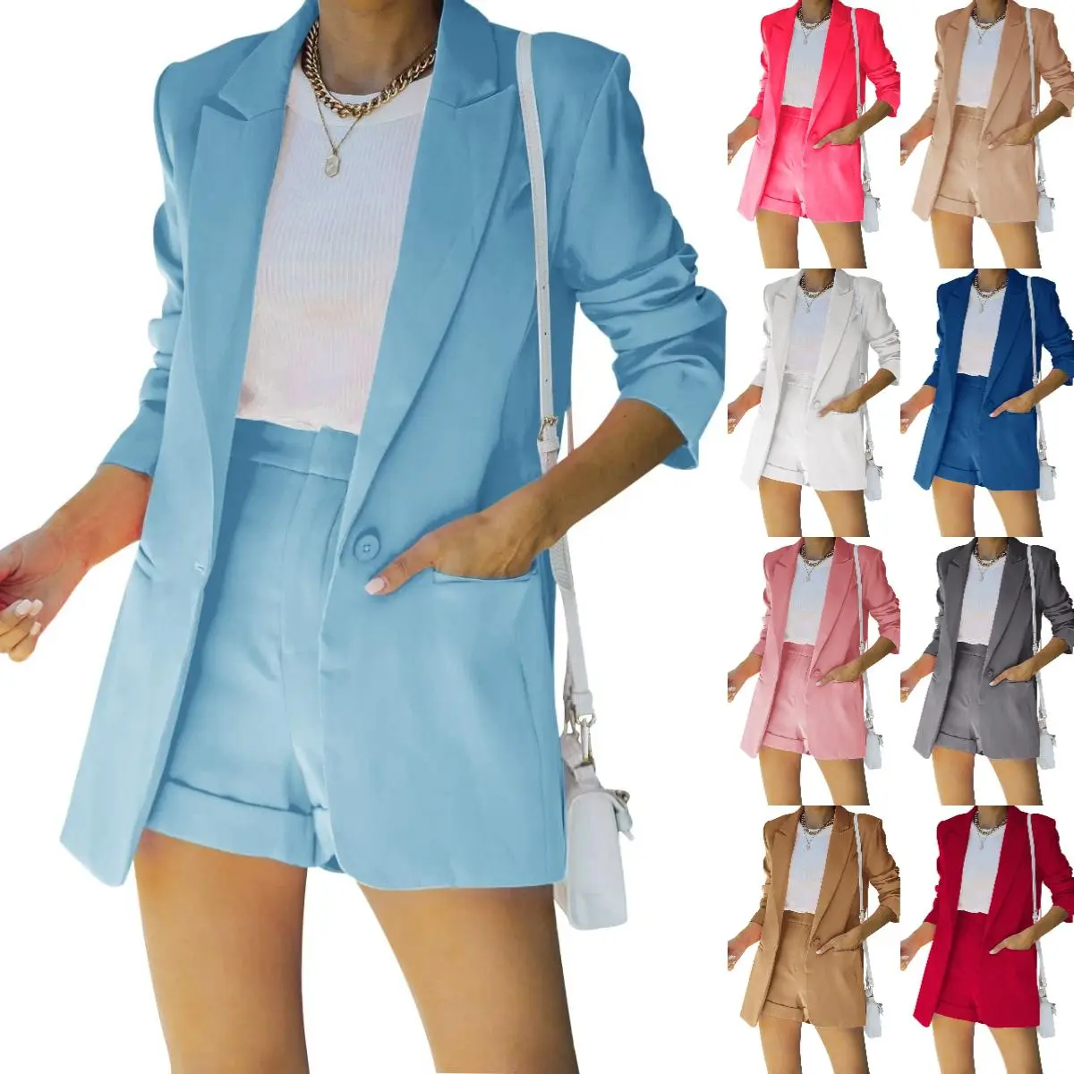 FMEYOA Women's 2 Piece Open Front Long Sleeve Blazer and Solid Short Pants Suit Sets M7G069