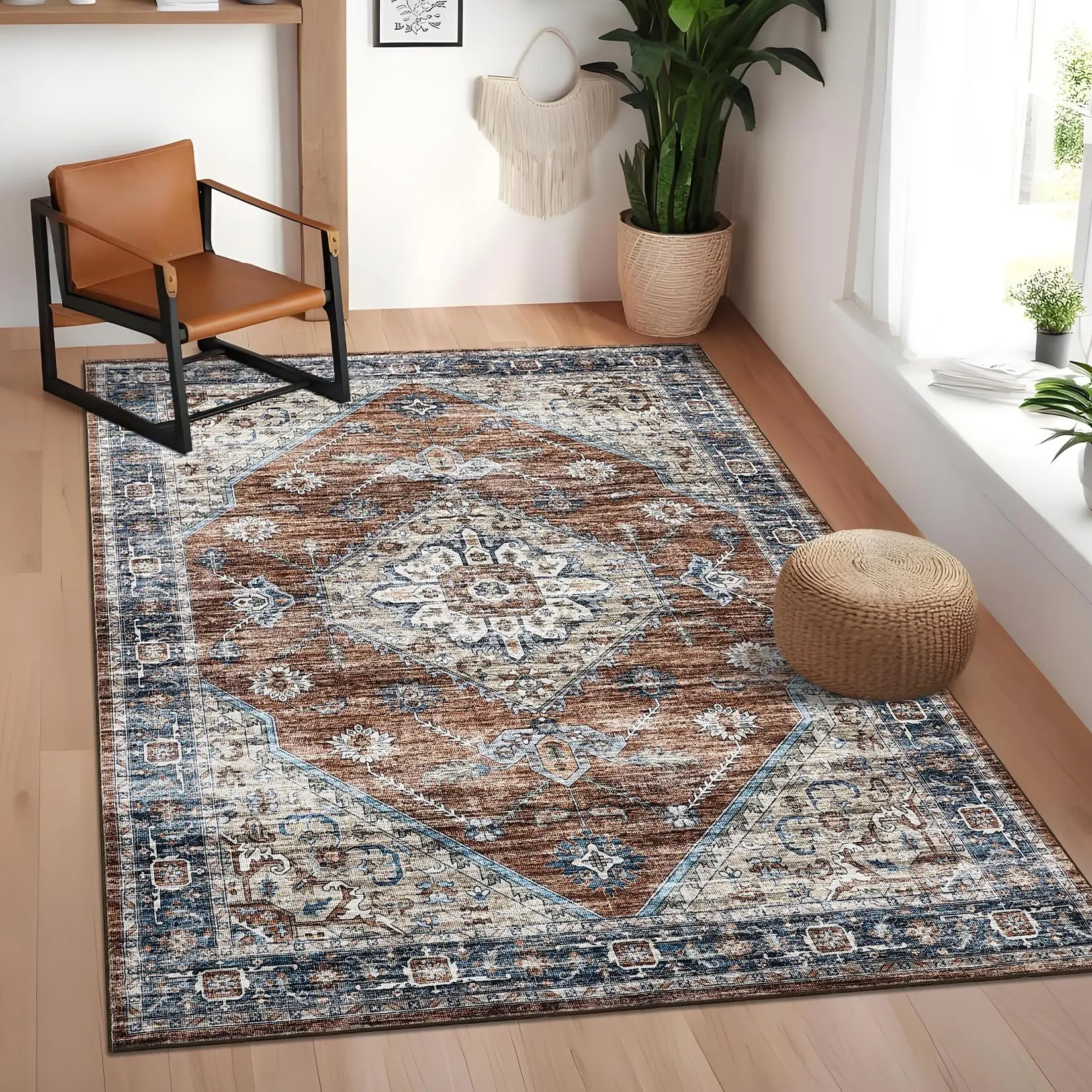GARVEE Washable Area Rug 8x10 Vintage Living Room Rugs Distressed Floral Throw Carpet Soft Non Slip Bedroom Rugs Large Traditional Floor Cover for Dining Room Retro Accent Home Decor Rug, Red