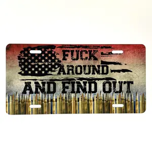 F*ck Around and Find Out Aluminum Front License Plate, American Flag Design with Bullets, 6x12 Inch, Made in USA
