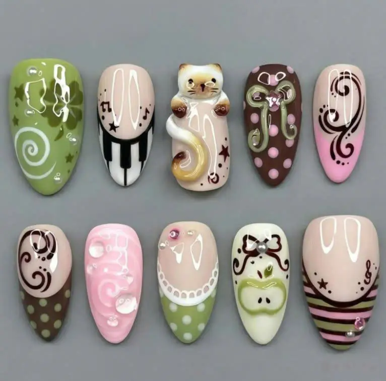 M66 BLACKNAILCO Whimsical Cat Press-On Nails, Piano Key Art, Green Apple Design, Musical Note Accent, Handmade Cute Animal Nail Set for Playful Everyday Style