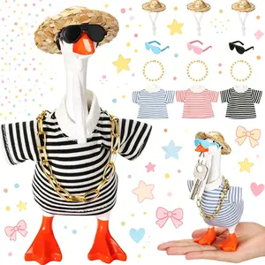 3 Sets 7 Inch Mini Desk Goose Outfit Magnetic Silly Goose Statue Multicolor Striped Casual Costume with Mini Straw Hat Sunglasses and Necklace for Magnetic Duck Statue Desk Key Holder Decor