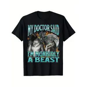 Funny Werewolf Meme T-Shirt - "My Doctor Said I'M Morbidly A Beast" - Men'S Horror Comedy Graphic Tee - Heavyweight Cotton Shirt - Perfect For Halloween, Werewolf Fans & Dark Humor Lovers, Halloween Clothes, Casual Wear, Sunset Design Shirt