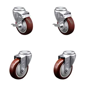 Stainless Steel Polyurethane Swivel Bolt Hole Caster Set of 4 w/4" x 1.25"  Maroon Wheels - Includes 2 with Top Locking Brakes - 1400 lbs Total Capacity - Service Caster Brand