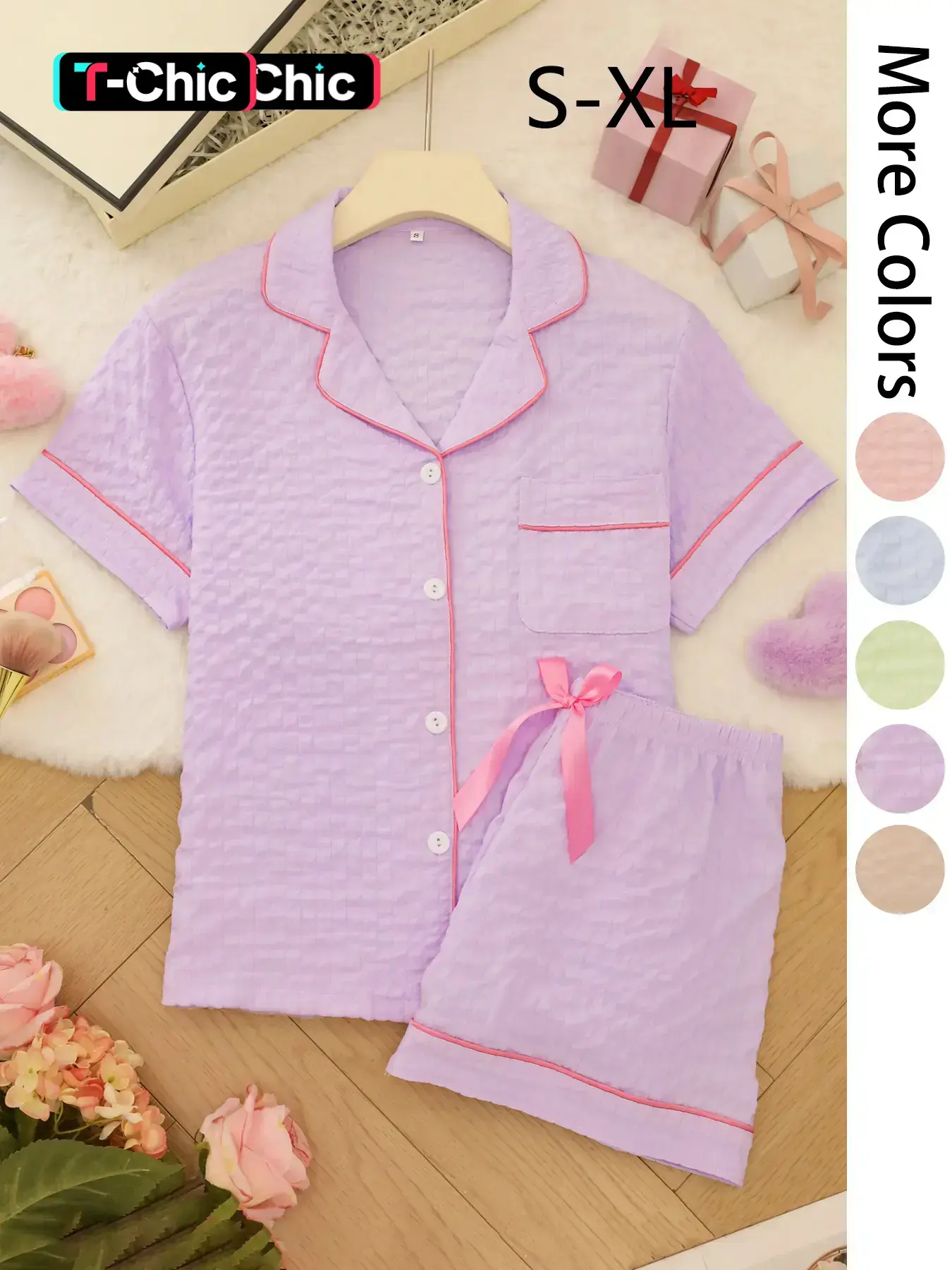Women's All Over Print Lapel Neck Cute Pajama Two-piece Set, Comfortable Short Sleeve Button Front Cardigan & Elastic Waist Shorts PJ Set, Ladies Summer Sleepwear, Loungewear, Cute Pajama Sets, Pajama Clothes