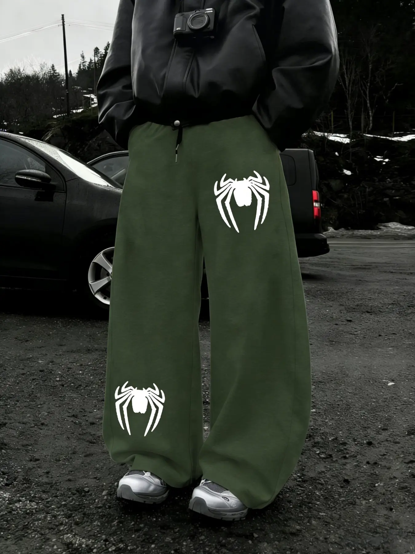 Spider Print Sweatpants, Men's Casual Sports Long Pants, Drawstring Loose Wide Leg, All Season Fashion, Athleisure Style Bottoms, Loose Fit Bottoms, Menswear Joggers