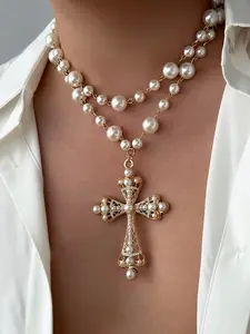 Men's Hip Hop Style Jewelry, Imitation Pearl Cross Pendant with Layered Beads Design, Pearl Chain Necklace, Durable Fashion Daily Accessory