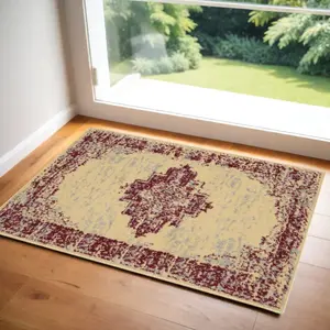 212 MAIN Powerloomed Medallion Distressed Rectangle Area Rug, 2x4 ft, Cream/Gray/Red, Transitional, Stainproof, Worn Fade Effect, for Kitchen Use
