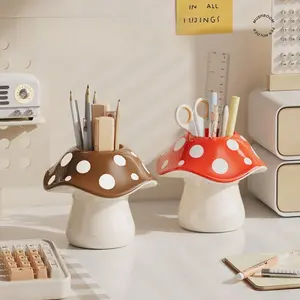 Mushroom Storage Box with Polka-dot Lid and White Base, Desktop Organizer, Stationery Organizer, Table Organizers with Open and Closed Compartments, Suitable for Pens, Pencils, Makeup Brushes, Scissors Ideal for Home Offices, School Desks