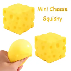 Mini Cheese Squishy, a resilient and moldable stress relief fidget toy with ultra-soft texture. This calming sensory toy eases stress with every squeeze and acts as a fun desk ornament, ideal gift for festivals, birthdays and parties.