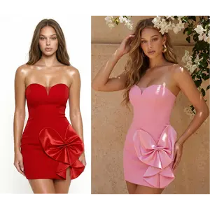 Satin Bow Detail Fabric Contrast Mini Dress