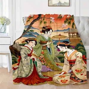 Japanese Geisha Floral Landscape Print Flannel Blanket - All-Season Soft Polyester Throw for Sofa, Bed, Travel & Home Decor, Vibrant Digital Art Contemporary Style, Cute Blanket, Sofa Accessory, Detailed Artwork-280GSM