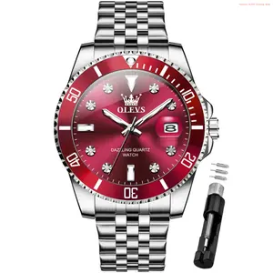 Fashion Brand OLEVS Watch for Men Stainless Steel Business Dress Luxury Diamond Big Face Waterproof Mens Watches with Date Analog Wrist Men Watch Reloj para Hombre Red Dial