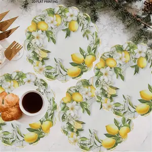 2D flat printing, 2-piece/4-piece/6-piece/8-piece set, spring and summer lemon wreath placemat with vivid yellow lemon and floral design, perfect for kitchen and banquet decoration, holiday celebrations and daily use, durable placemat