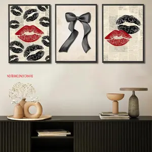 3-piece set: Vintage-style red “kiss” lip wall art, black bow wall decor, and trendy preppy-style canvas poster, Unframed Art Print. Perfect for decorating girls' rooms, dorms, and apartment bedrooms. 2D, frameless.