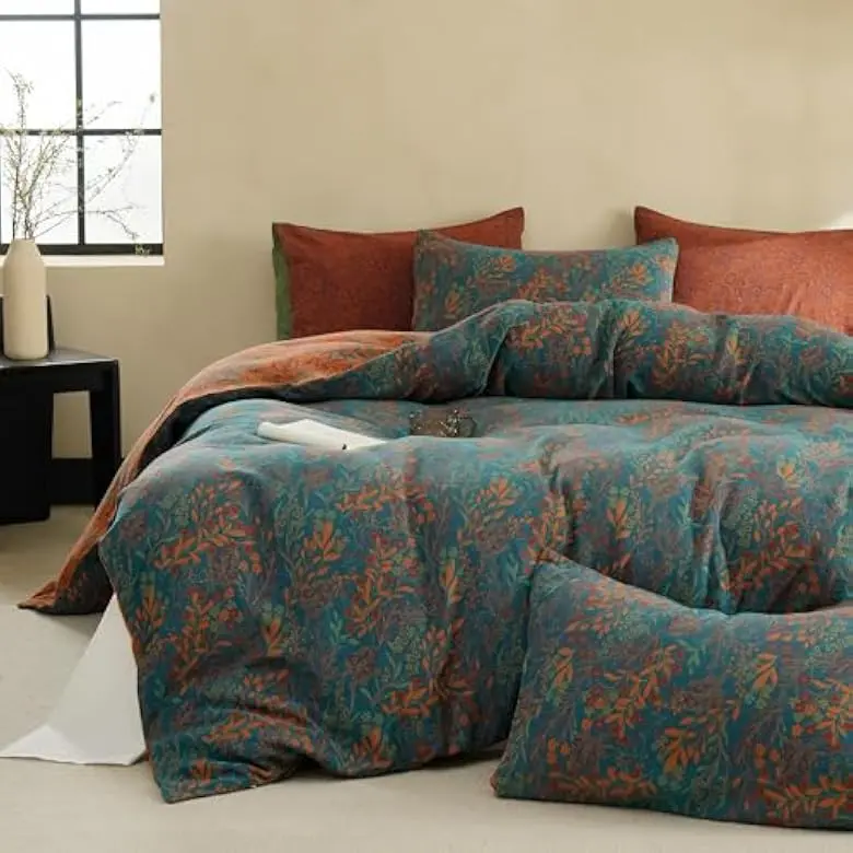 BISELINA 3Pcs 100% Cotton Muslin Duvet Cover Set, Yarn-Dyed Jacquard Reversible Botanical Floral Comforter Cover, Soft Breathable Bedding with Zipper Closure, Cozy Bed Sheets Set Multicolor, Perfect Gift Choice#tiktokshopsummersale