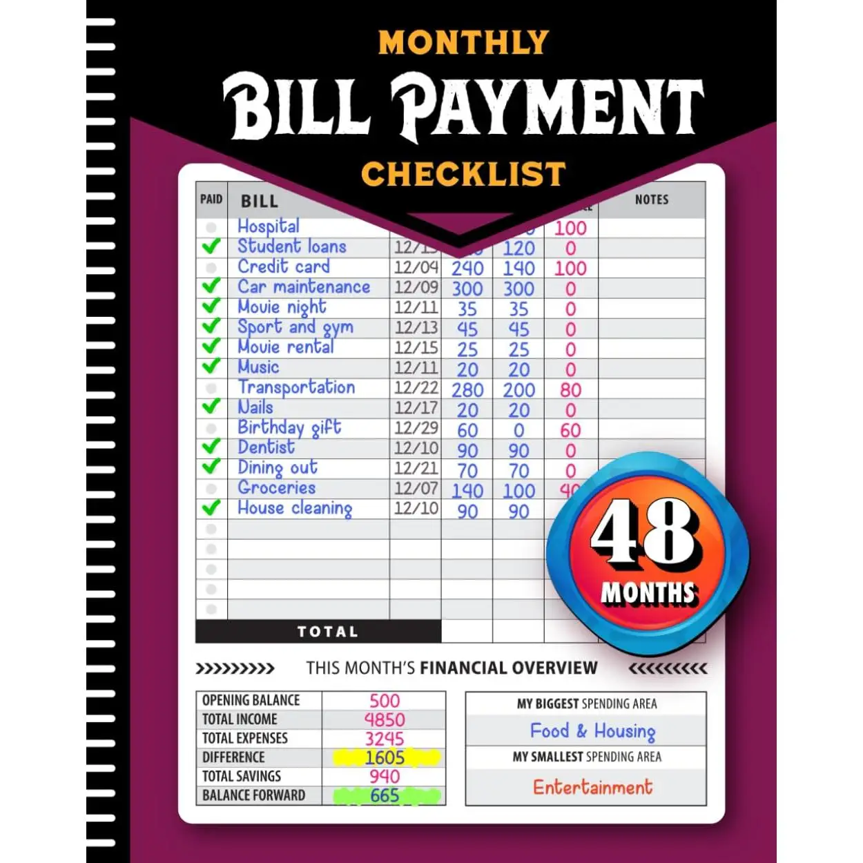 Monthly Bill Payment Checklist: Bill Tracker Notebook, The 4-Year Guide for Families & Money Managers, 960 Billing Records Included!