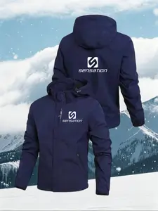 Sensation Letter Print Jacket, Unisex Autumn Winter Windproof Waterproof Outdoor Hooded Workwear Coat, Fashion Loose-Fit All-Season Outerwear