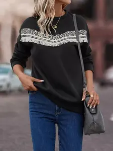 Fringe Trim Crew Neck Sweatshirt