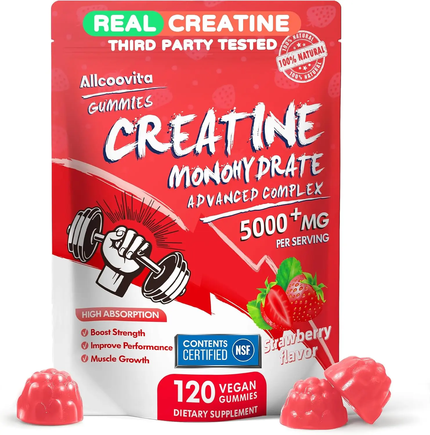 NSF Certified Creatine Gummy - Creatine Monohydrate Gummies 5000mg for Men & Women -120 Gummies Advanced Formula, Muscle Strength, Muscle Builder, Energy Boost, Pre-Workout Supplement-Strawberry