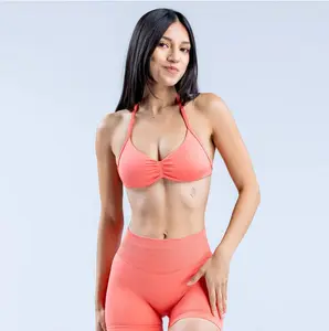 Breathable Ruched Halter Sports Bra for Yoga & Light Workouts,Secure-Fit Coral Halter Active Bra with 4-Way Stretch