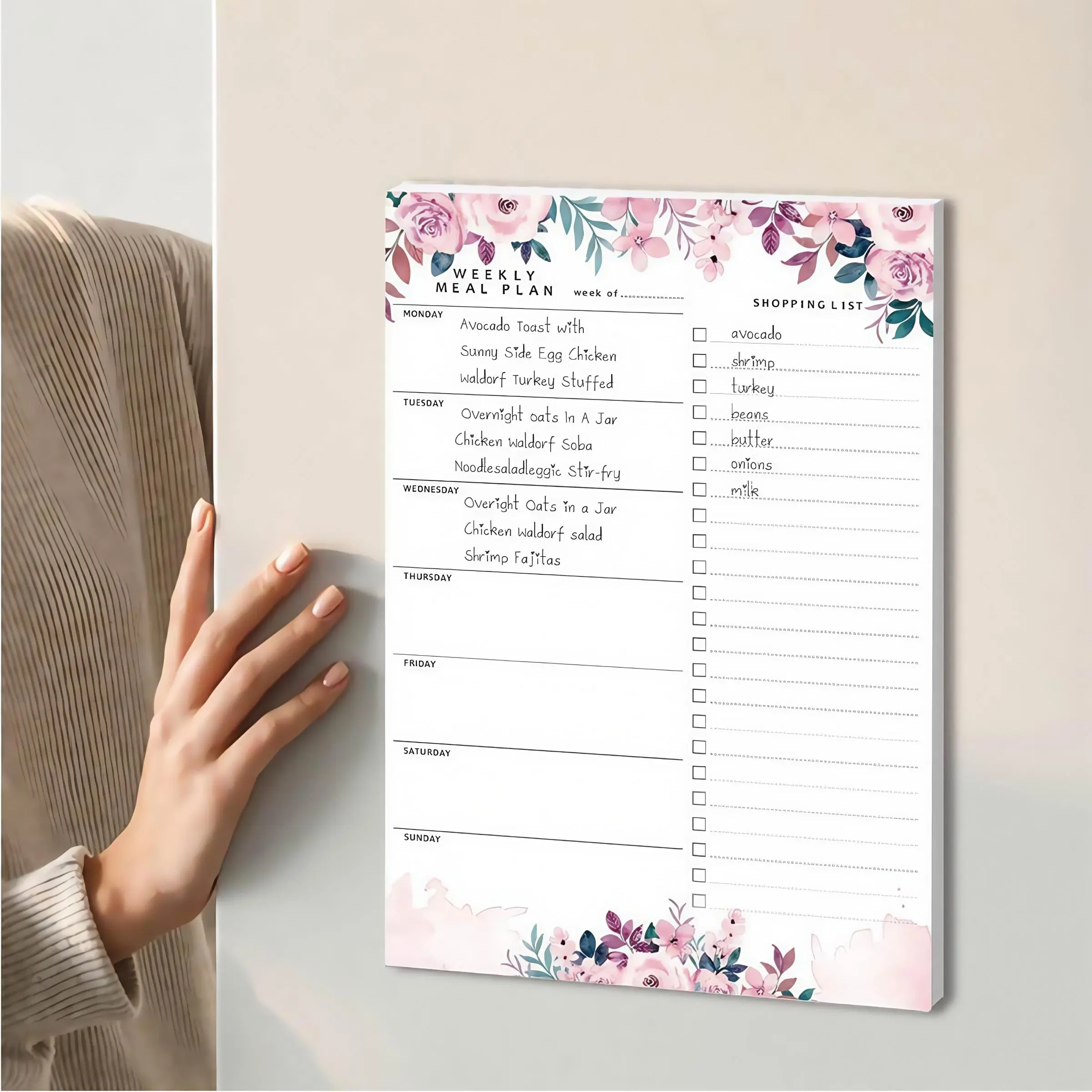 Floral Pattern Magnetic Meal Planner, 52 Pages Tearable Meal Planner with Magnetic Strip, Daily Weekly Shopping List Planner for Refrigerator