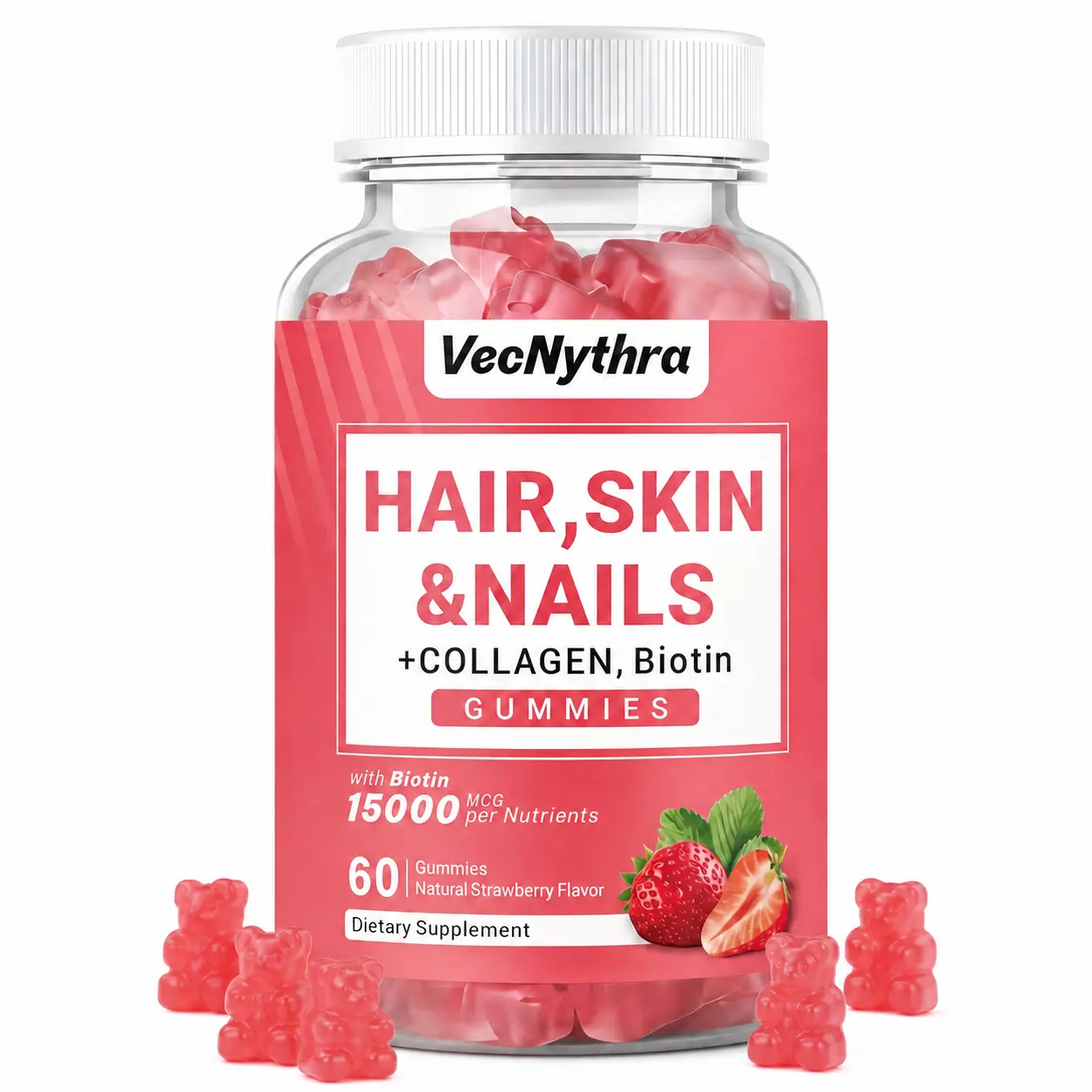 VecNythra Biotin Gummies 15000 mcg with Collagen for Hair, Skin & Nails, Vitamin C, Vitamin E & Zinc, Natural Strawberry Flavor, 60 Gummies
