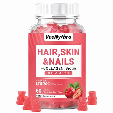 VECNYTHRA Biotin Gummies Hair, Skin & Nails - Chewable Gummies with Collagen, Biotin 15000 mcg, Vitamin C, Vitamin E & Zinc, Natural Strawberry Flavor, 60 Count, Haircare Supplement