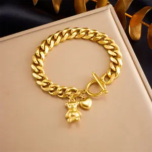 Fashion Creative Personality Gold-Plated Stainless Steel Chain Bear Heart Pendant OT Clasp Accessory Bracelet