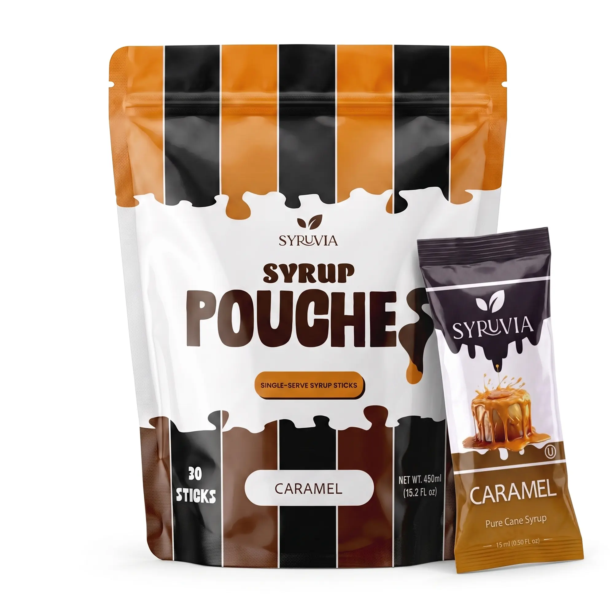 Syruvia Caramel Syrup Pouches, Coffee Syrup Sticks for Coffee, Tea, Lattes & Desserts, 30 Count (15 mL Each)