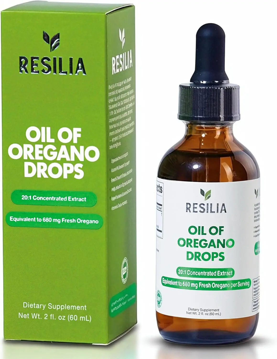 Resilia Premium Oregano Oil Drops - High Potency 34mg Per Serving - Natural Dietary Herbal Antioxidant Formula for Immune Support - Non-GMO, Easy-to-Use 60ml Liquid Supplement