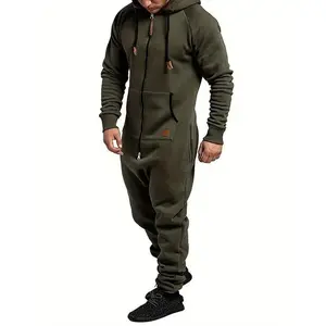 Men's Overall Suit Solid Color Long Sleeve Hooded Fleece Warm Jumpsuit Autumn Winter Men's Warm Pants