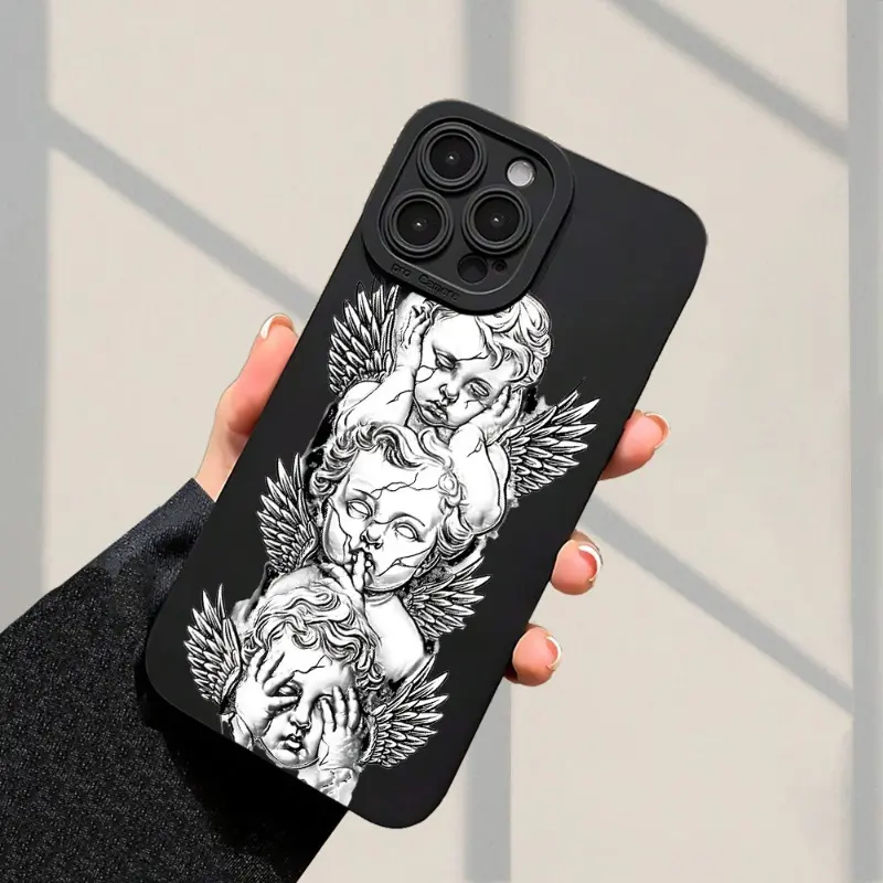 Cute Angel Pattern Black Eyes Full-Body Anti-Drop Phone Case, Compatible with iPhone 11/12/13/14/15/16/XS/XR/X/7/8/12/13/17 Plus/Pro Max/SE Series, Ideal Gift for Girlfriend, Boyfriend, Friends, or Yourself Protective Cellphone Protection Smartphone